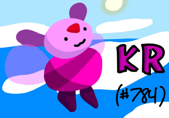 Round purple creature with fairy wings and a triangular red crystal on its forehead in the sky above the ocean, labeled "KR (#784)".