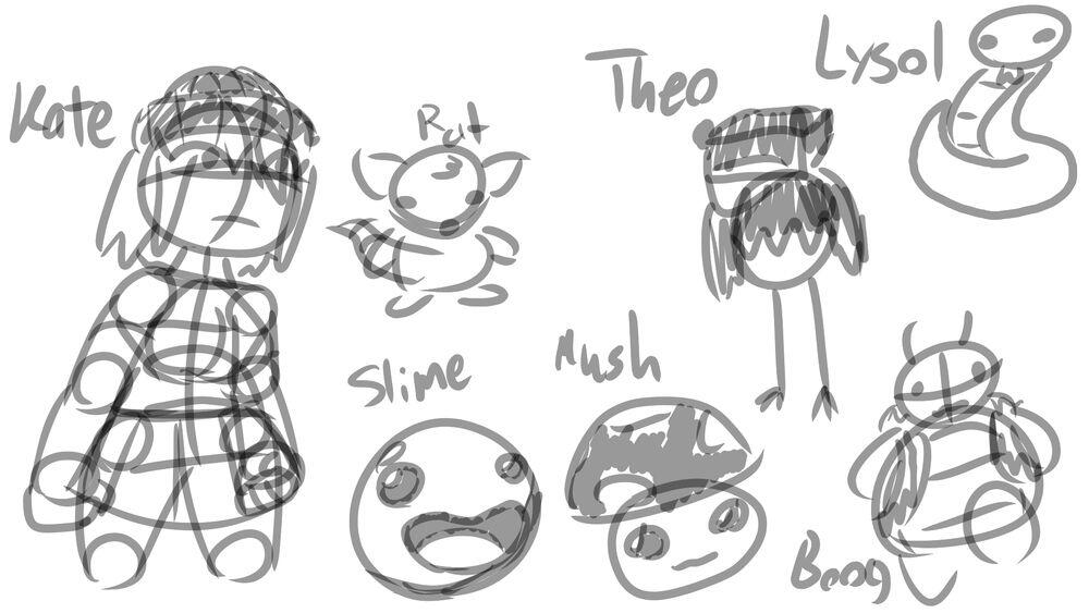 Labeled, digital sketches of a girl with a shaded beanie labeled "Kate", a rat standing on its hind legs, a slime similar to one from Slime Rancher, a spotted mushroom with a face on its stem labeled "Mush", a crow character with a cuboid head, named "Theo