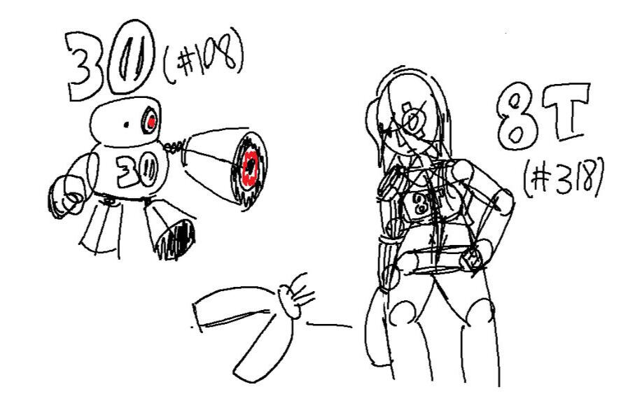 Sketches of a short robot with a cannon arm and red eye labeled "30 (#108)", as well as a cyborg girl with a mechanical claw labeled "8T (#318)".