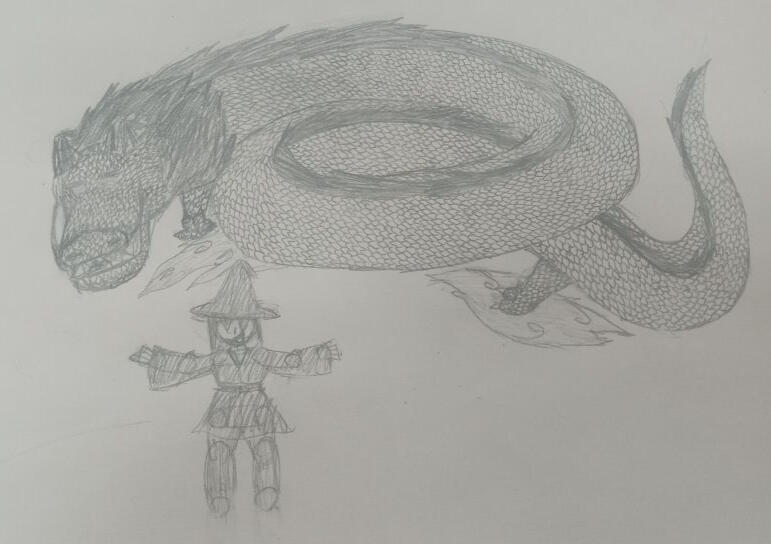 A pen-and-paper colorless drawing of a mage standing in front of a eastern dragon with their arms outstretched. All of the dragon's scales are drawn one-by-one, and it walks on clouds.